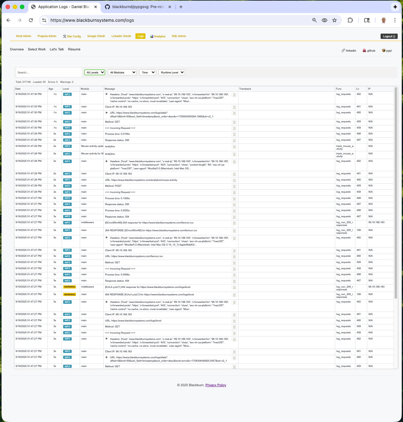 System logs administration interface with real-time log filtering and monitoring