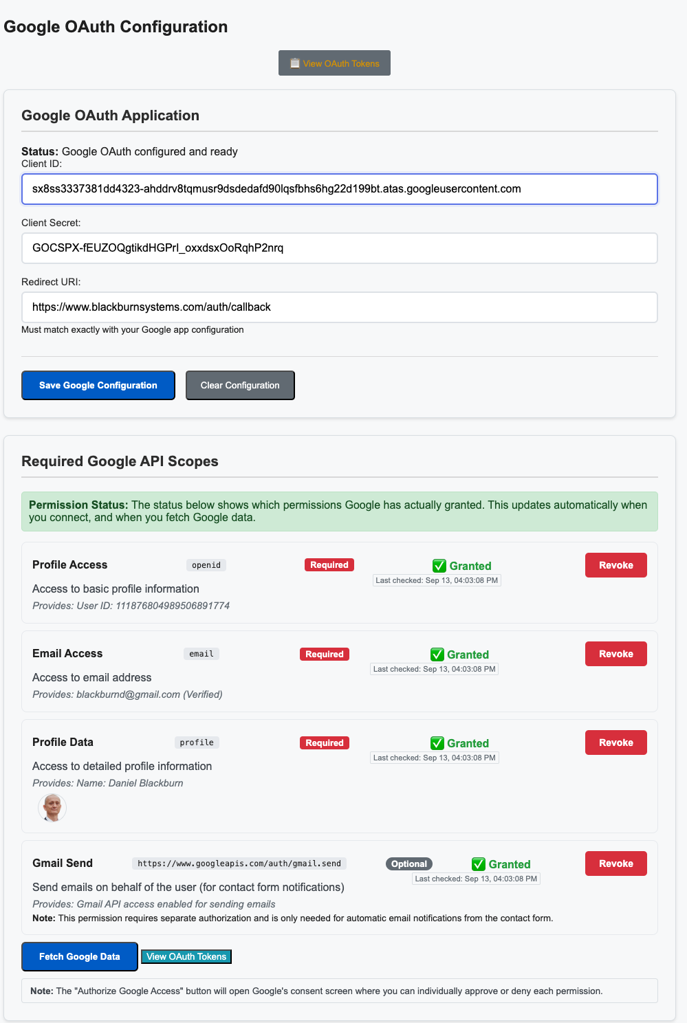 Google OAuth Configuration Interface with token status and management controls
