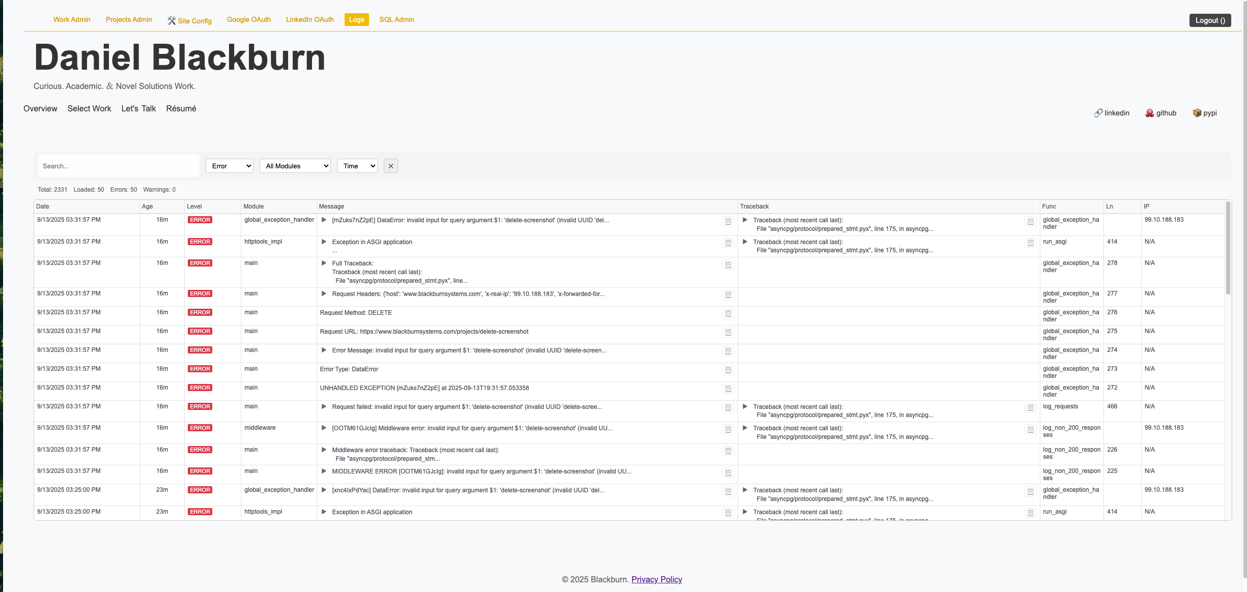 Logs Administration Grid showing real-time log entries with filtering and stack trace details