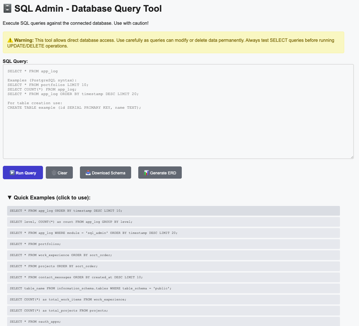 SQL Admin Interface showing ERD generation and query execution